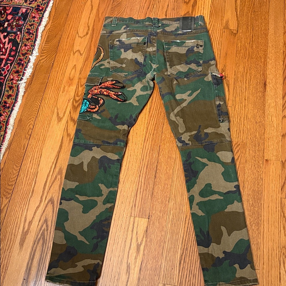 Cote De Nuits Mens Camo Designer Sequin Cargo Pocket Denim Straight Jeans 34 w - Picture 10 of 13